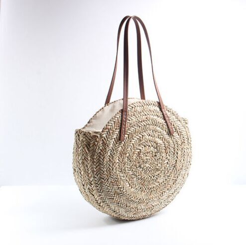 Natural  straw totes bags circle with leather belt shoulder bag aliexpress
