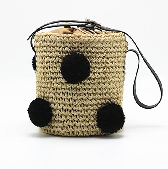 Fasion straw Bucket handmade crochet beach bag with cherry decoration