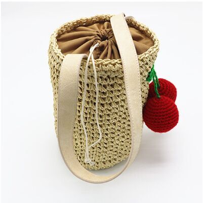 Fasion straw Bucket handmade crochet beach bag with cherry decoration