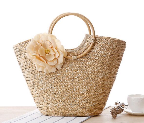 Women Handmade Natural Straw Woven Handbag with flower Beach Bags for summer