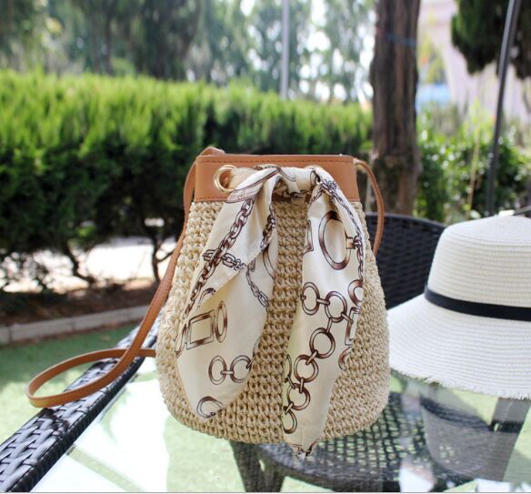 Straw  Drawstring Backpack with silk decoration for summer cheap factory