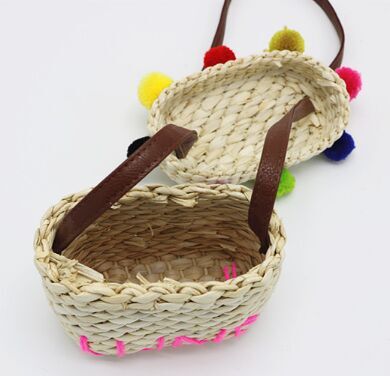 Custom Childrens straw beach bag with Pom Poms  colorful crossbody