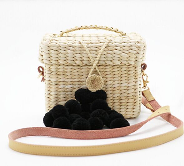 New style Bag-pag Square Cross Body Straw Bags with black red colorful pom poms decoration Canada