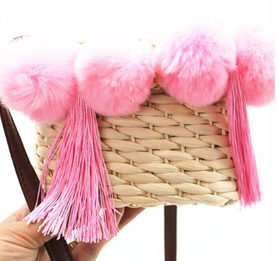 Childrens Cross body straw bag with pink Pom Pom tassel manufacturer for sale