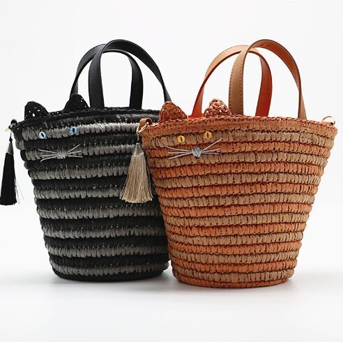 2018 New design straw bags leather handle with a tessal wholesale cheap